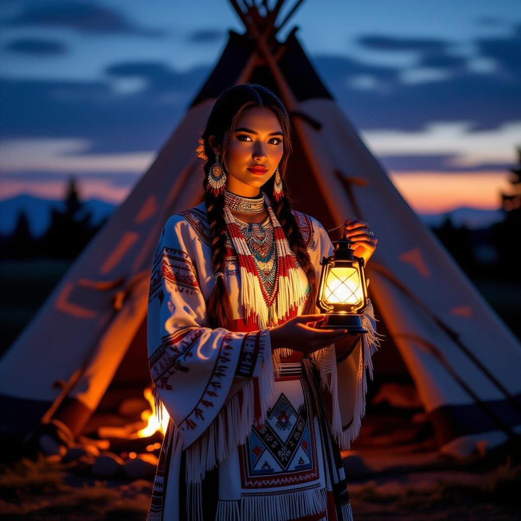 Indigenous Woman at Twilight with Oil Lamp