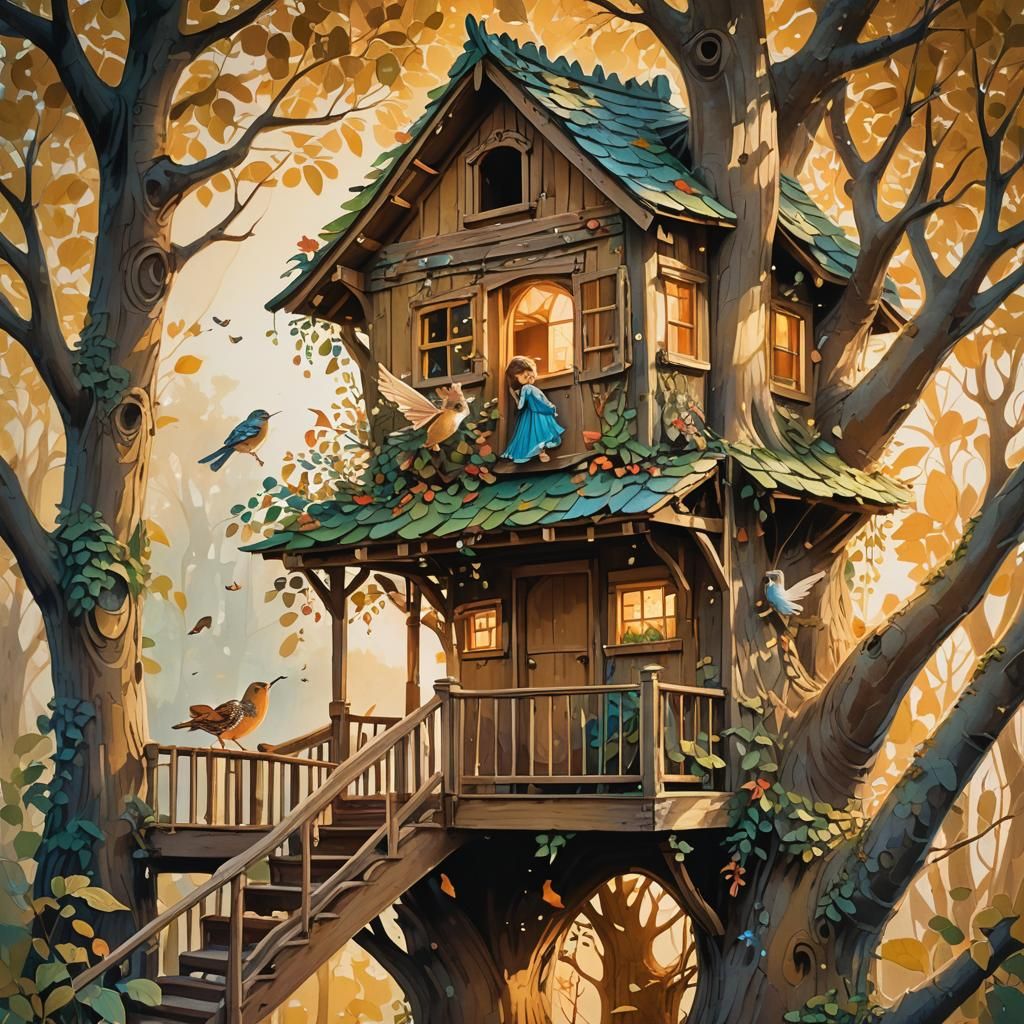 Fairy Child in Treehouse: Whimsical Gouache Painting