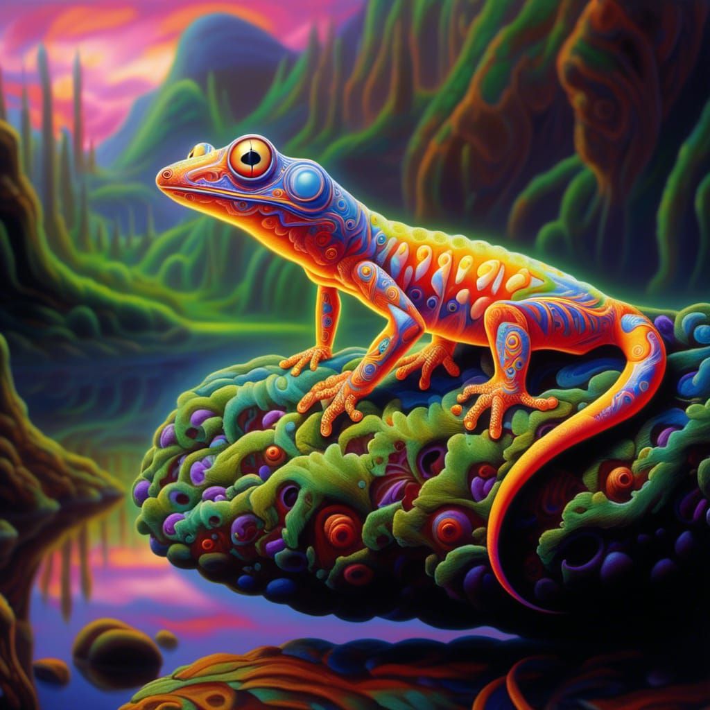 Bioluminescent Biomechanical Gecko in Visionary Art Style