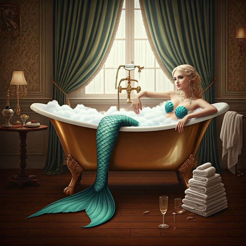 Blonde Mermaid in Luxurious Hotel Bathtub