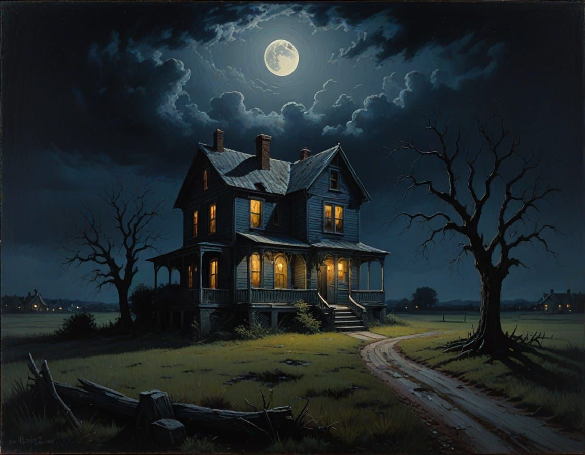 Eerie House Under Moonlit Night Sky