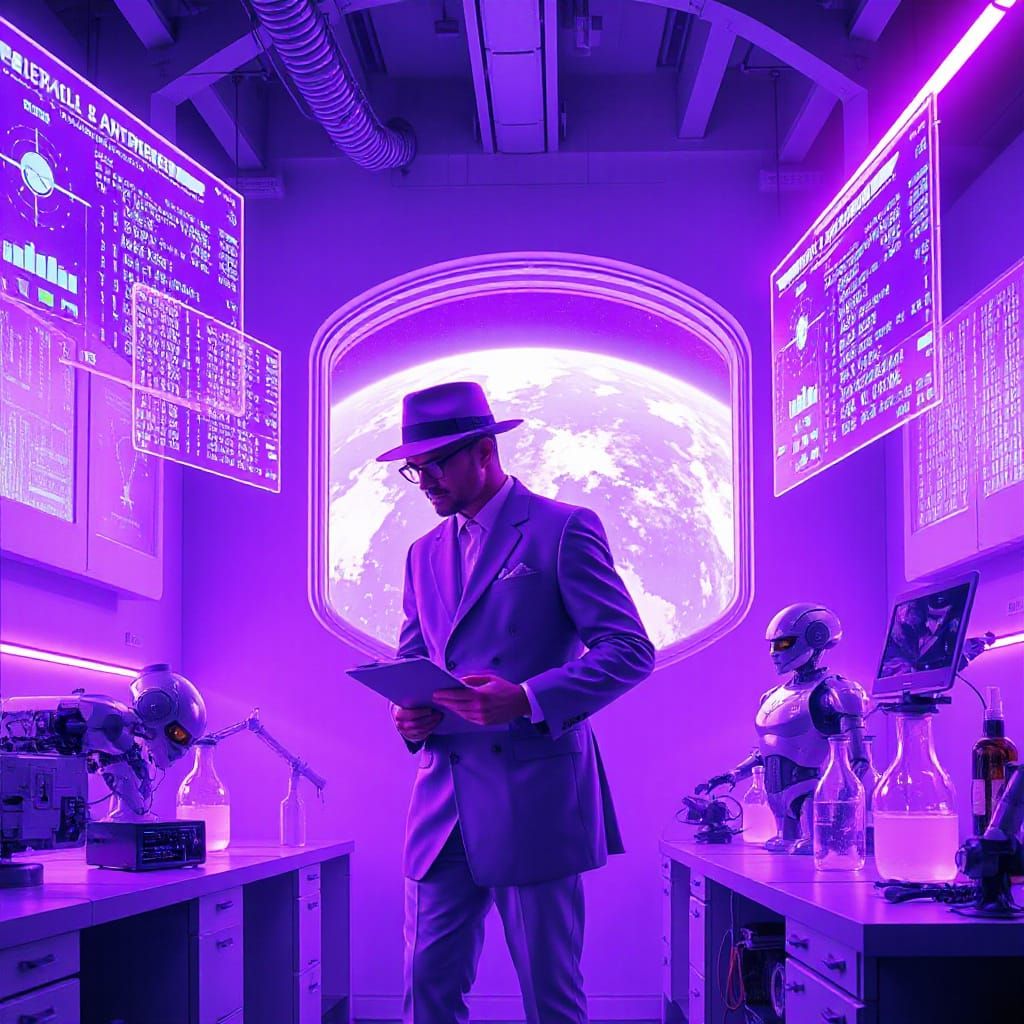 Sleek Purple Scientist in a Futuristic Lab