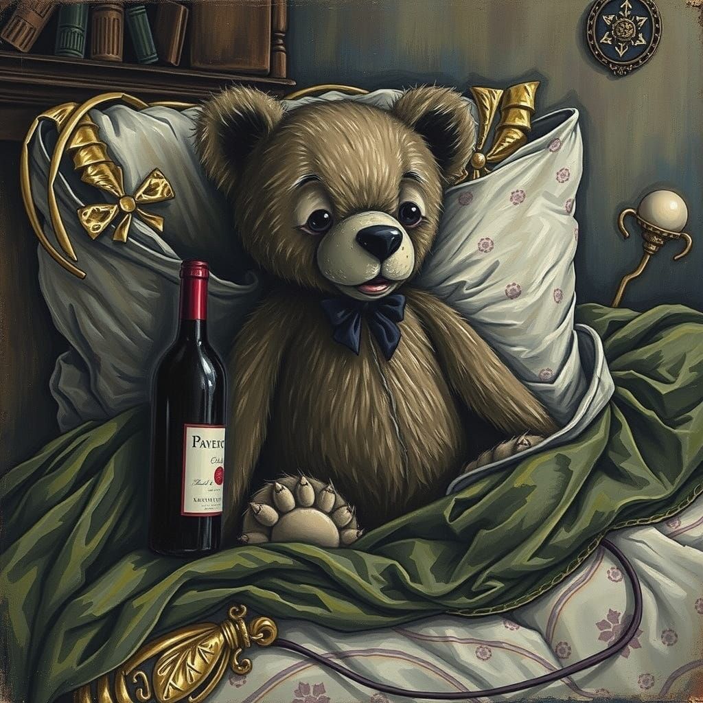 A teddy bear sitting in bed. graphite, straw, inky, clear, pure, precise, great structure, weighty palate, brilliant aci...