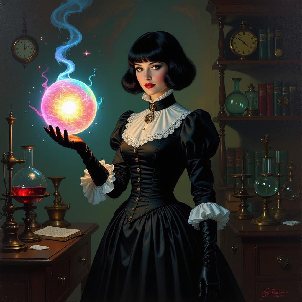 Victorian Woman Holding Energy Orb as Oil Painting