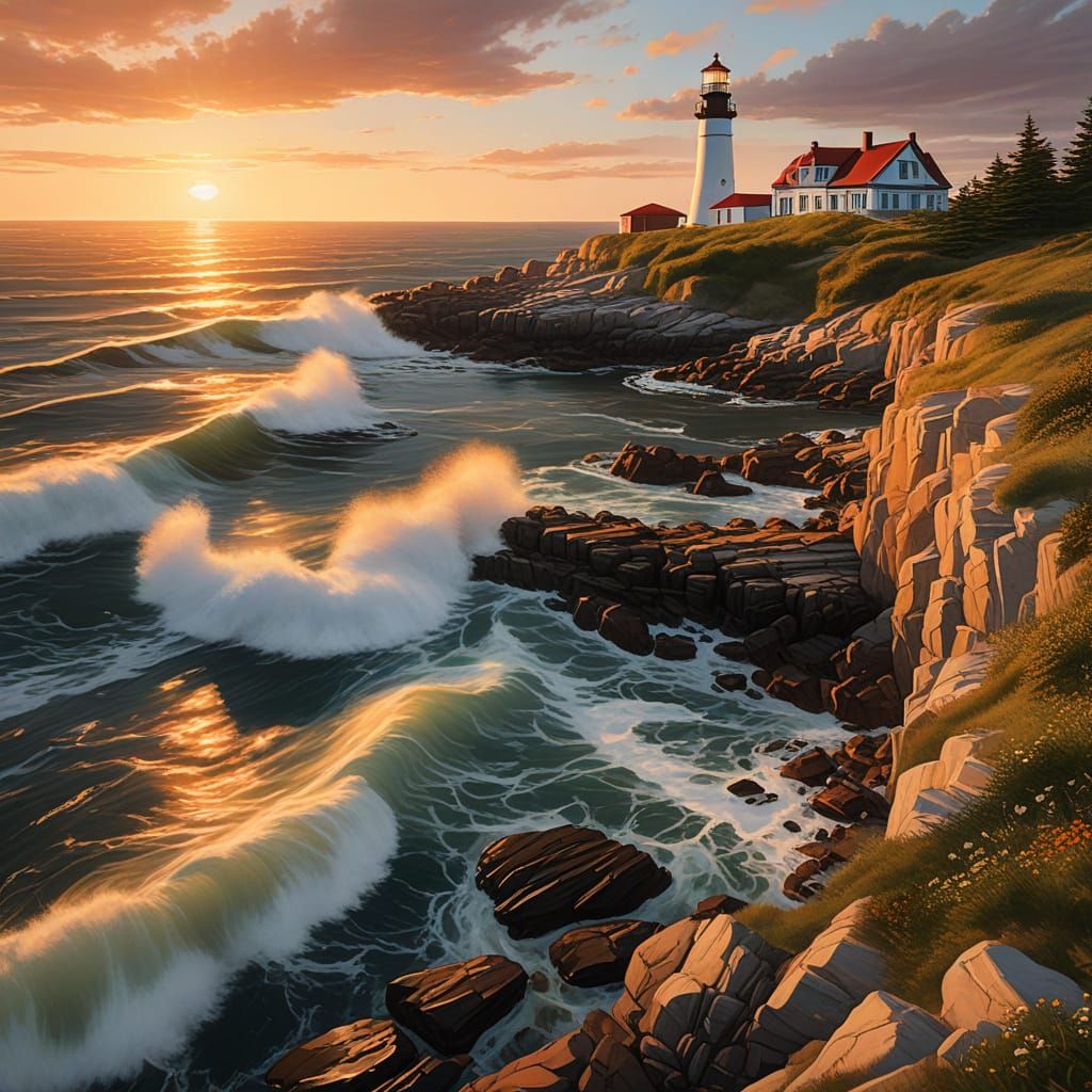 Cape Elizabeth Lighthouse Sunset in Impressionist Style