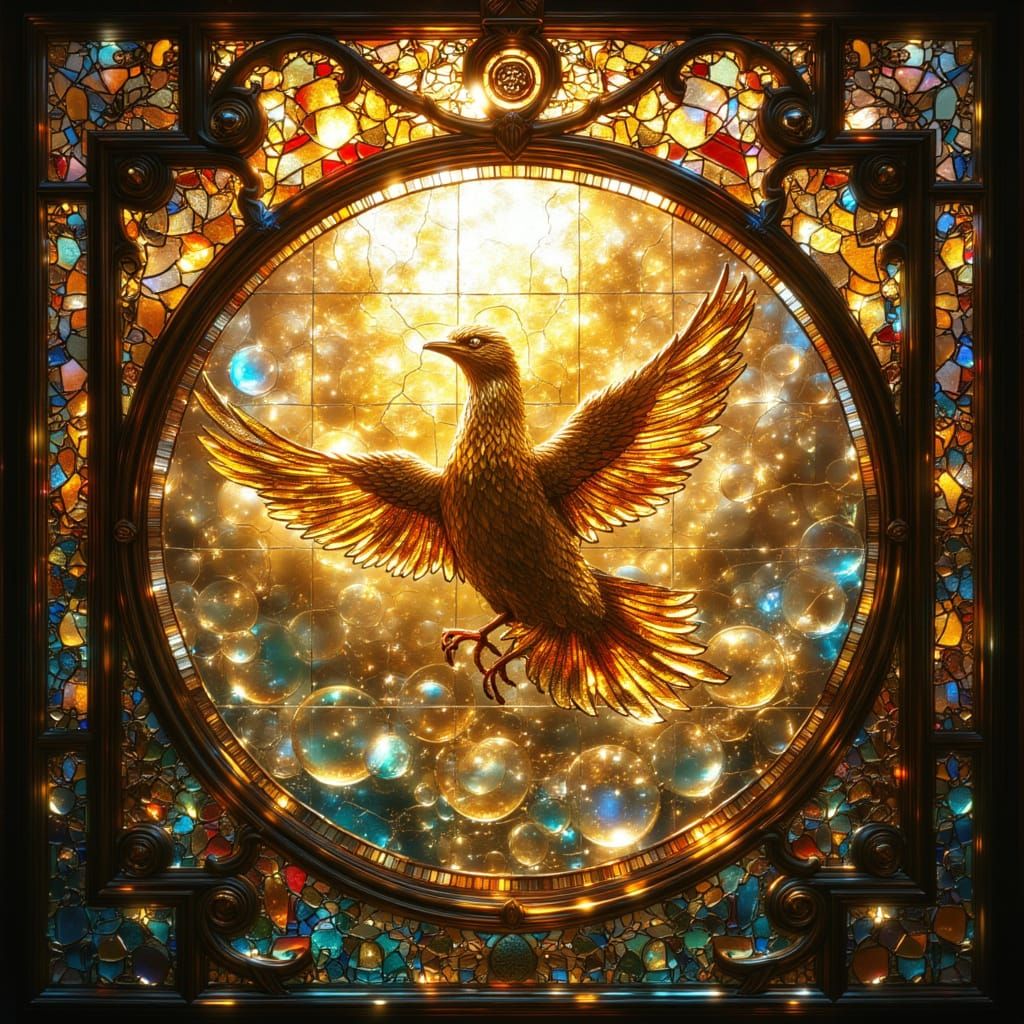 Golden Bird Stained Glass Window in Bubble
