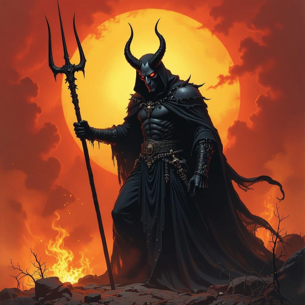 Hellish Devil with Pitchfork in Fiery Landscape