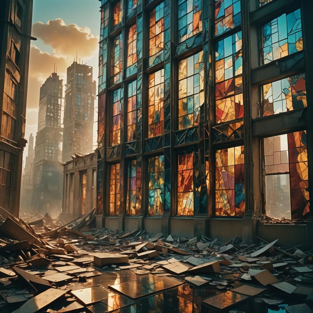 Stained Glass Skyscrapers in Ruins: Cinematic Still