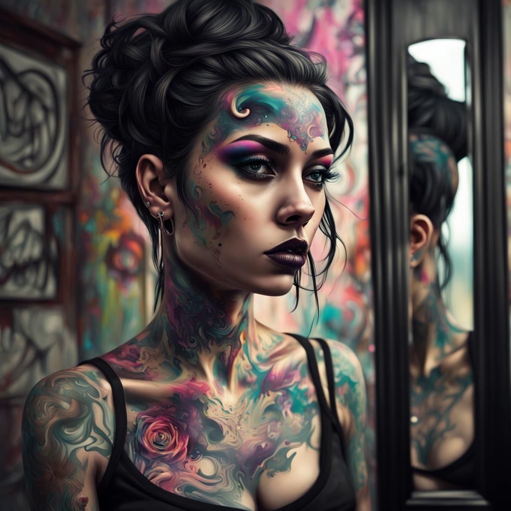 Tattooed Goth Woman's Graffiti Mirror Reflection