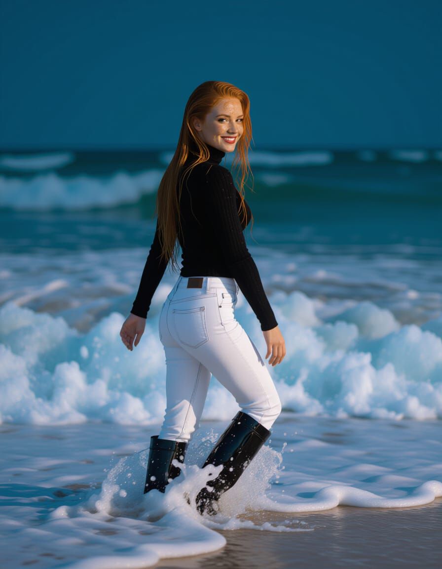Woman Wades Into Bioluminescent Surf at Night