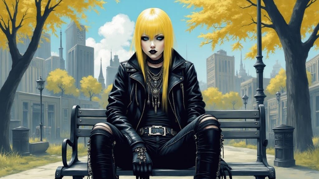 Anime Man in Goth Punk Style on Park Bench