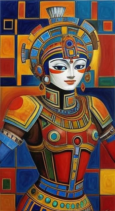 Aztec Robot with Marigolds in Geometric Pottery Style