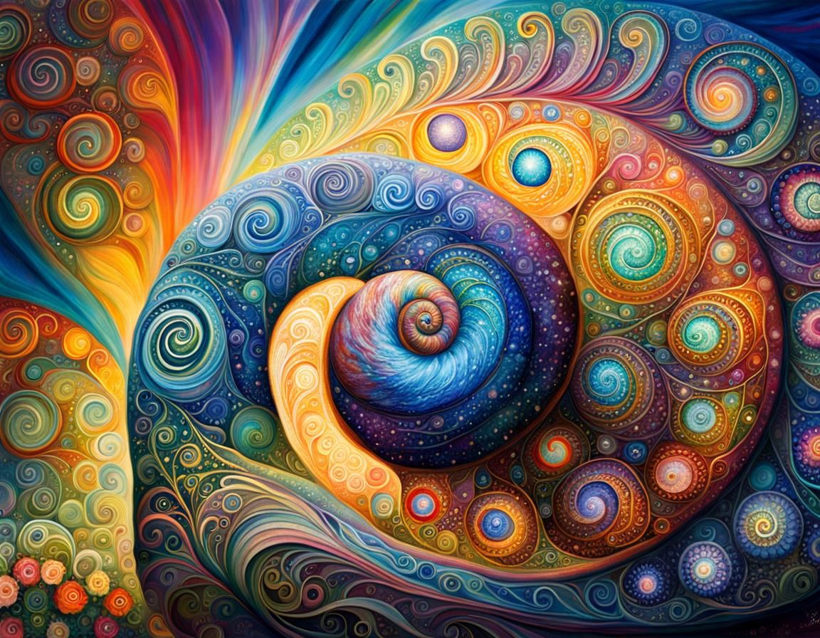 Ornate Snail in Fantasy Garden, Maximalist Art