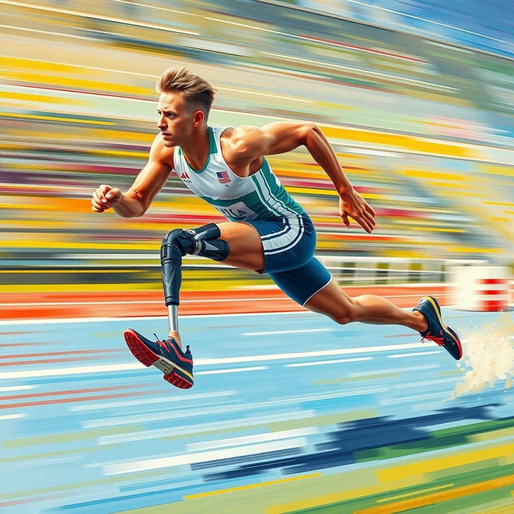 side view of a man with a prosthetic leg competing in a Para...