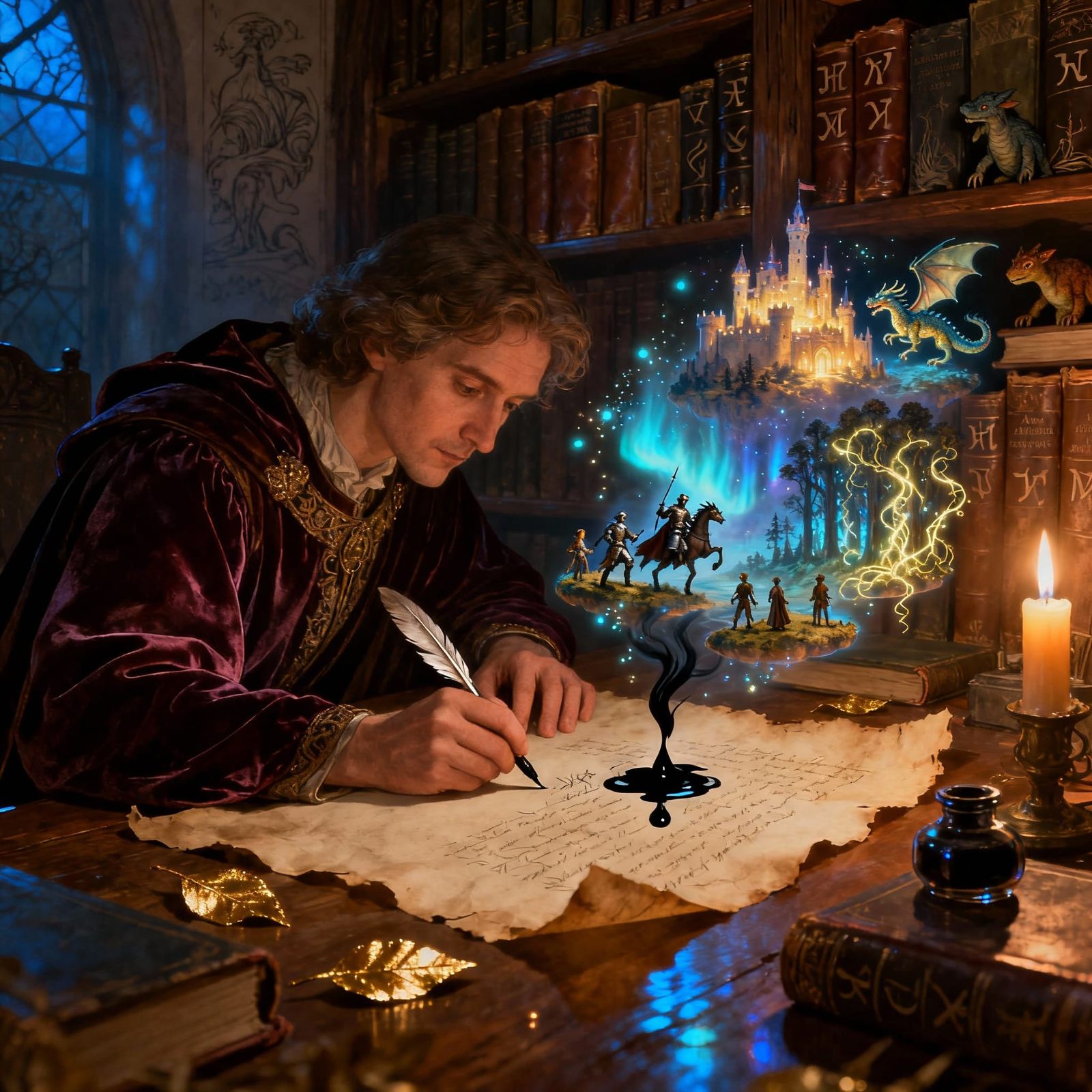 Magical Scribe Creates Living Stories in Candlelit Library