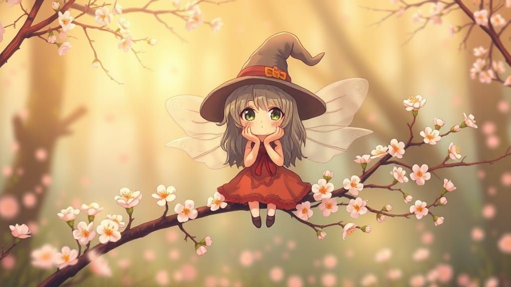 Chibi String Witch on Flowering Branch