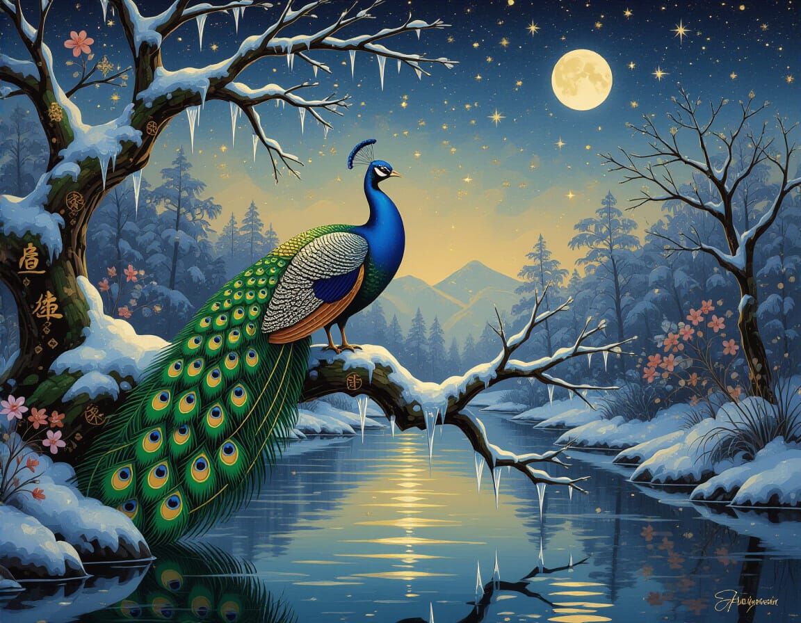 Embossed Glass Peacock in Winter Landscape