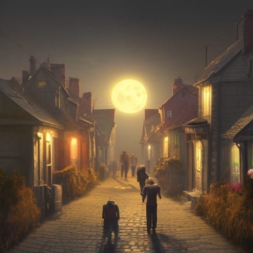 Miniature Town at Sunset: Dark Fantasy Concept Art