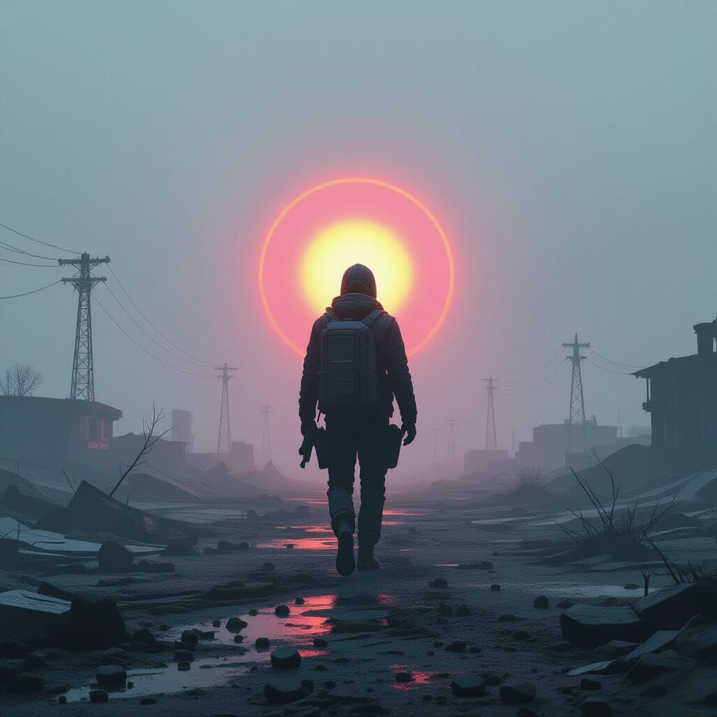 Radioactive Figure Emerges from Dystopian Cyberpunk Landscap...