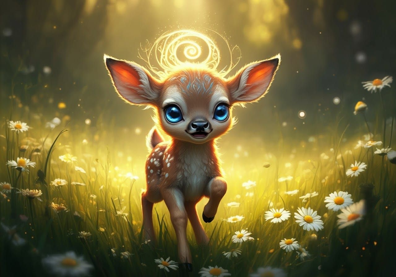 Adorable Fawn Bouncing in a Daisy Meadow