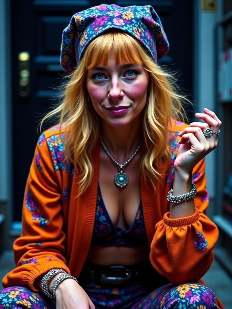 <lora:Wally:1.0> Wally met blond krulhaar, ((brede glimlach))<scheve zichtbare tanden>(dikke zwarte wenkbrauwen)