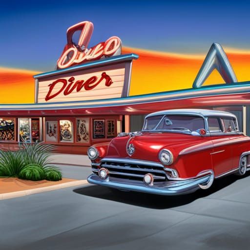1950s Drive-In Diner with Classic Cars, Hyperrealistic Art