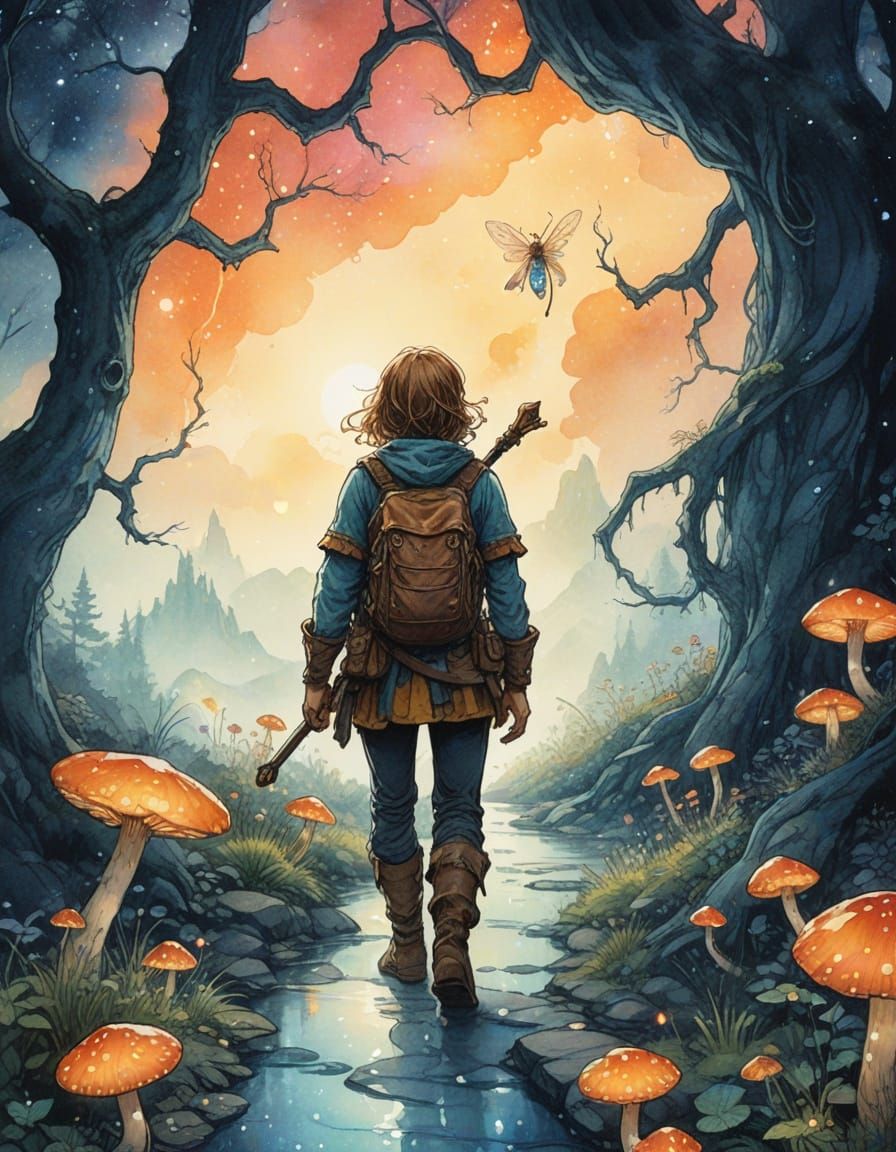 Fantasy Storybook: Adventurer and Fairy on Magical Path