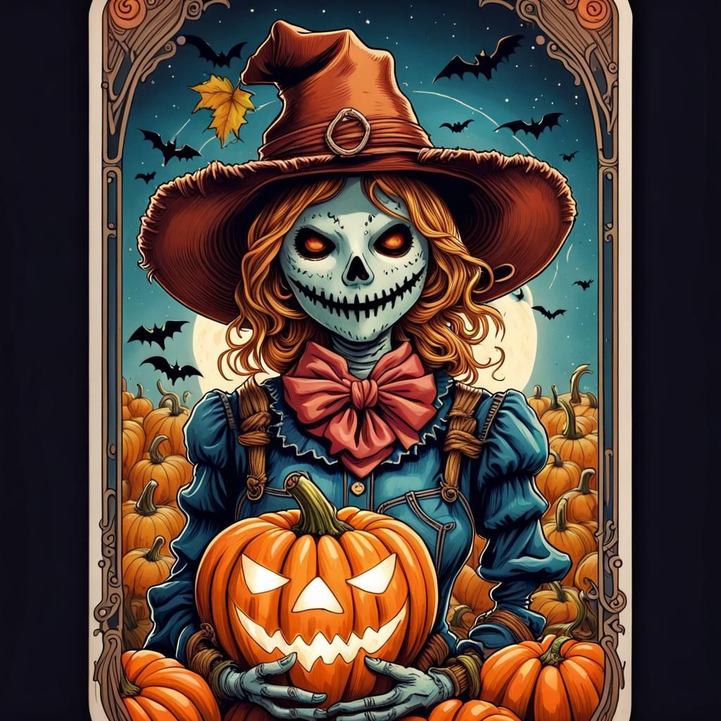Whimsical Scarecrow Tarot Card in Hyperrealism