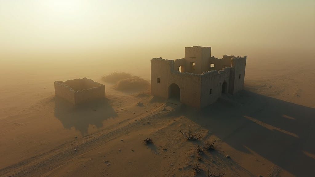 Desolate Indian Village Amidst Wintery Desert Fog
