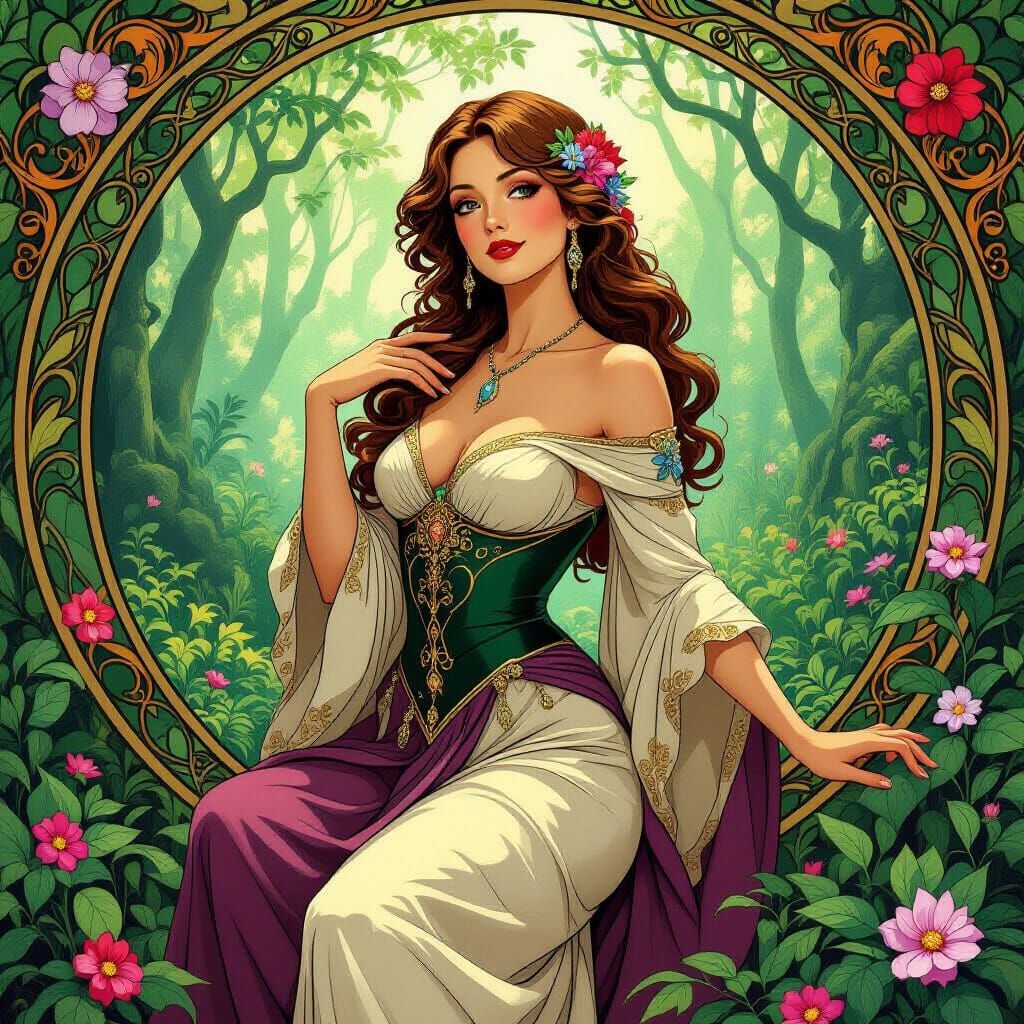 Elegant Woman in Mystical Forest, Art Nouveau Style