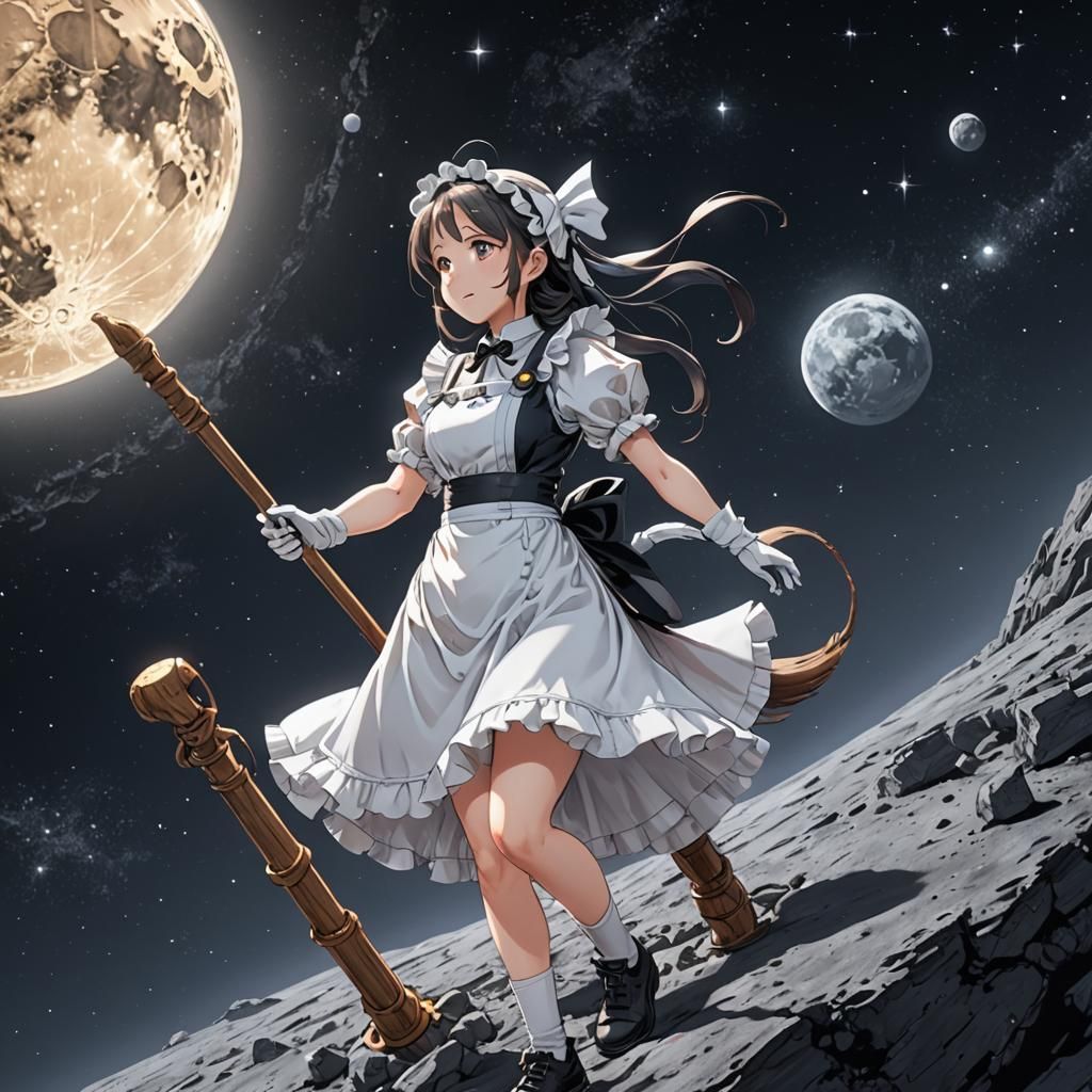 Anime Maid Cleaning Moon in Space, Cel-Shaded Art