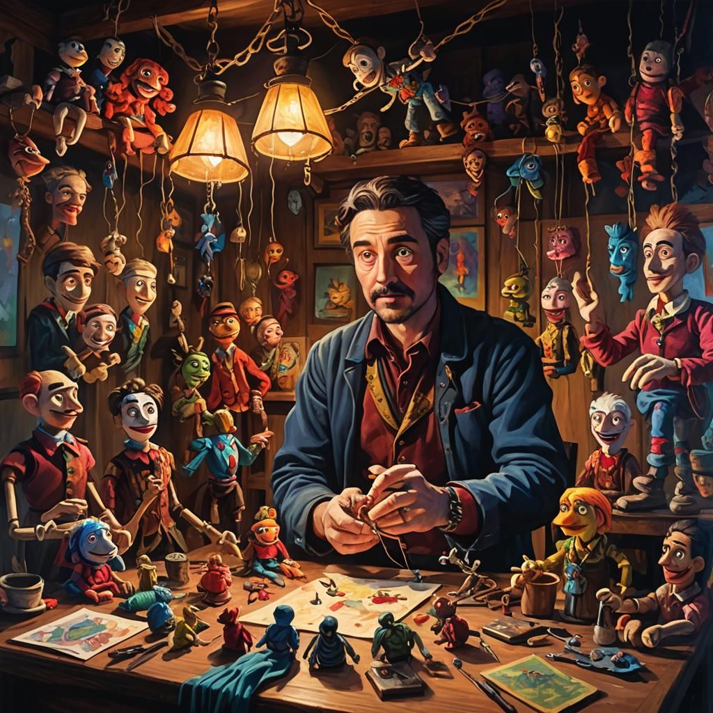 Puppeteer Surrounded by Marionettes: Vibrant Oil Painting