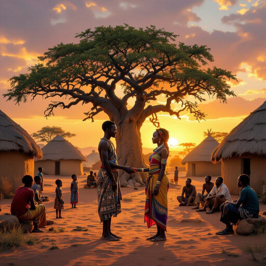 African Village at Sunset: Love and Promise Under a Baobab
