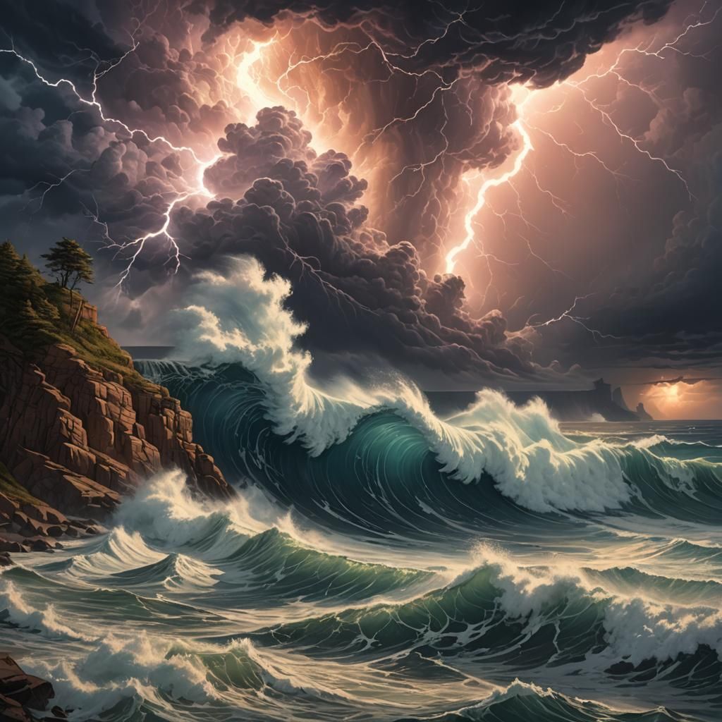 Epic storm on the wavy ocean