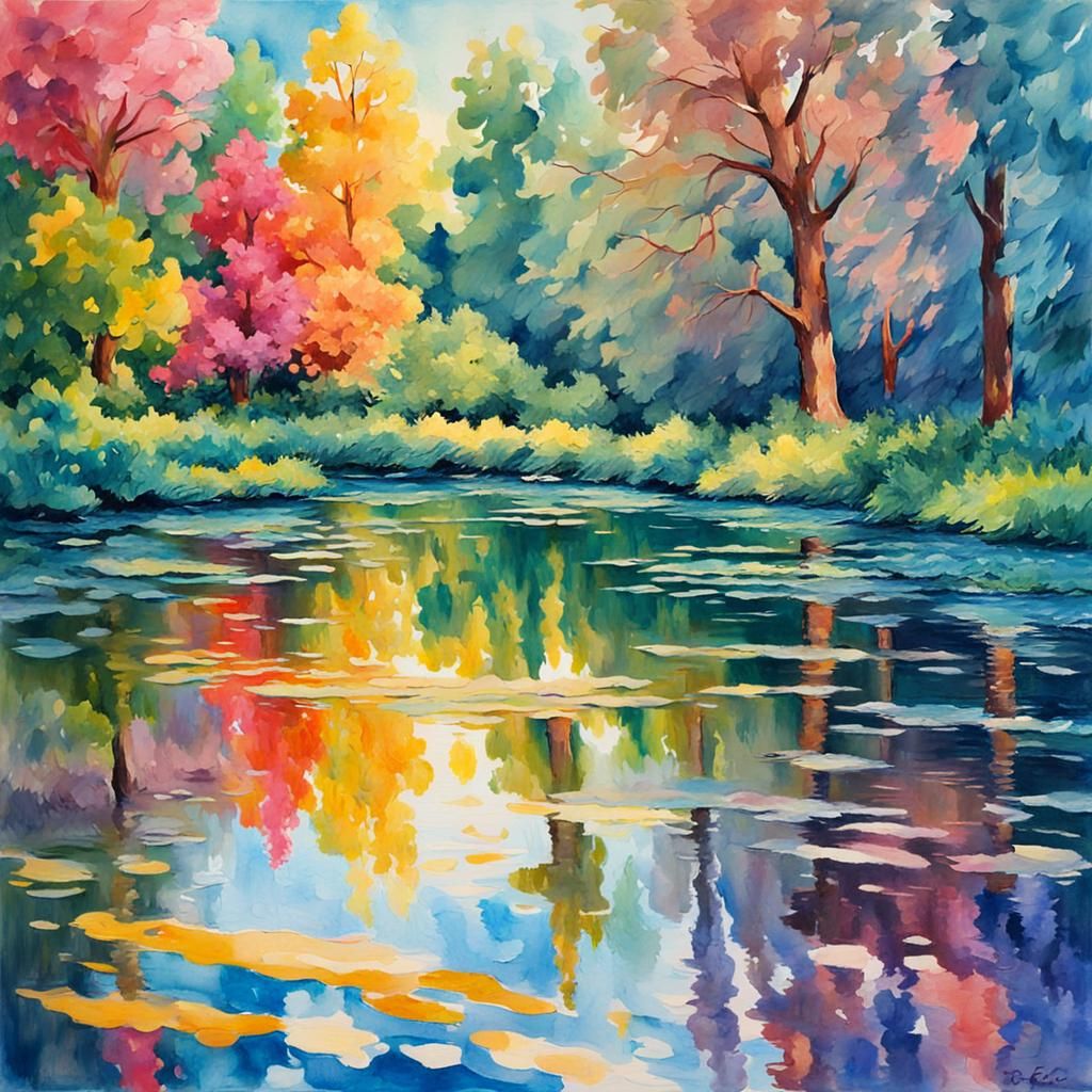 Vibrant Water Reflections in Gouache Style