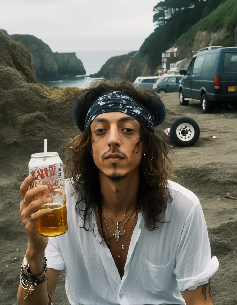 80s Beach Scene with Man Smoking