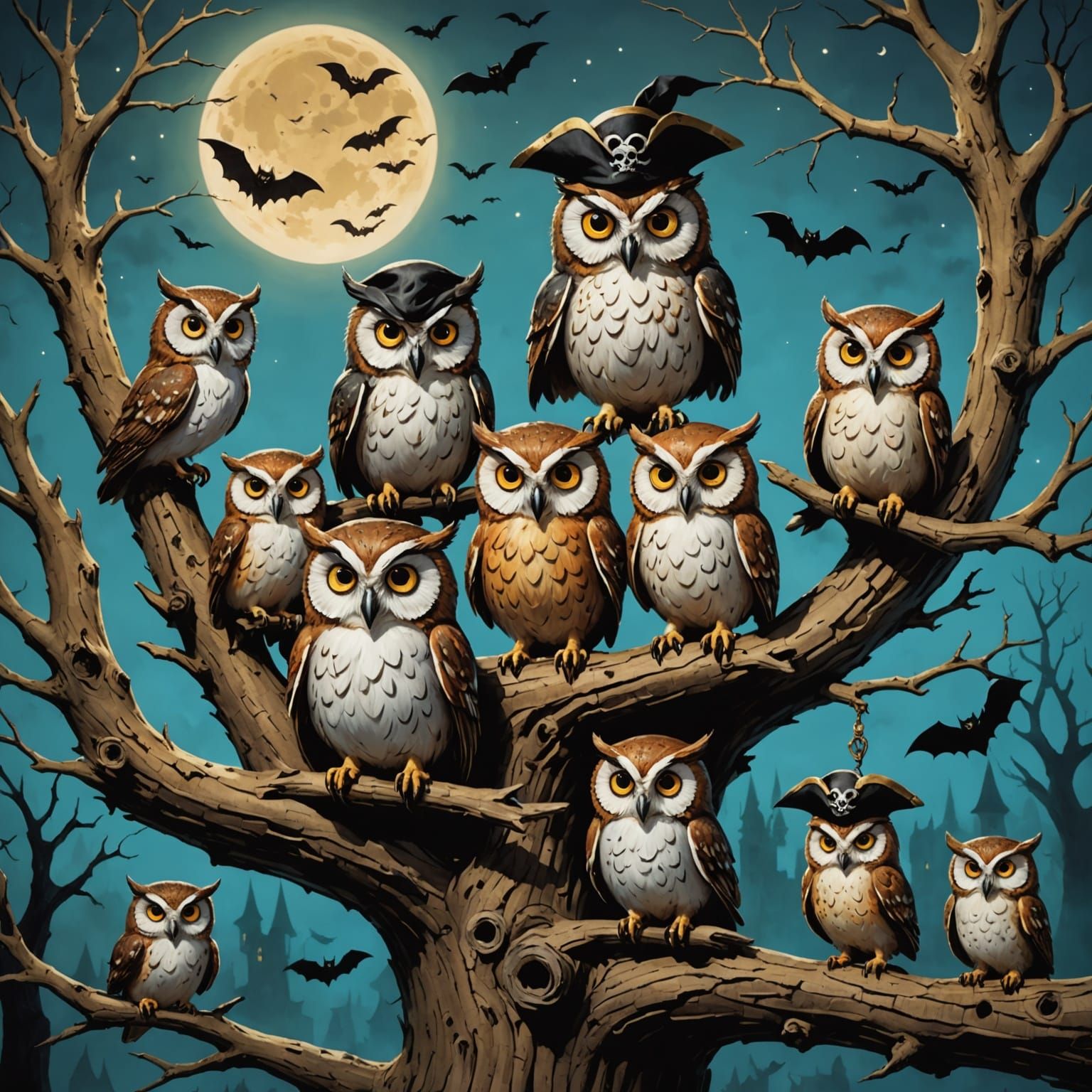 Whimsical Halloween Owls in Creative Costumes on Ancient Tre...
