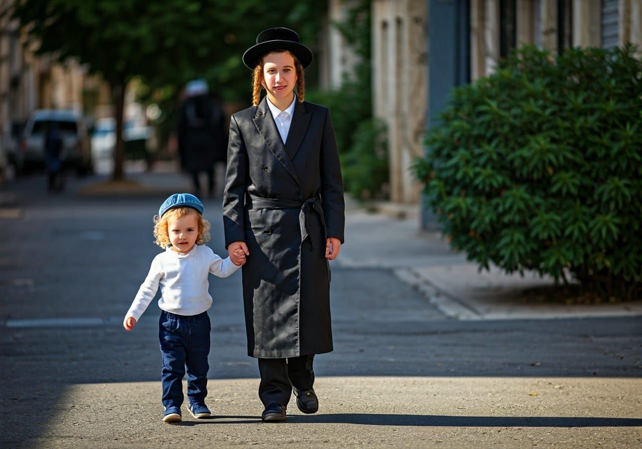 Young Hasidic Man and Boy Walking