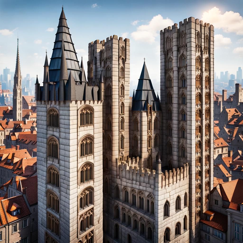 Medieval Castle Skyscrapers in Dense Gothic City