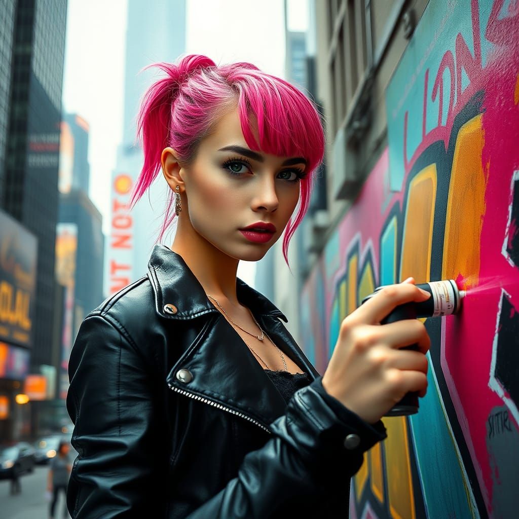 Cyberpunk Woman Spray Painting Mural in Futuristic City