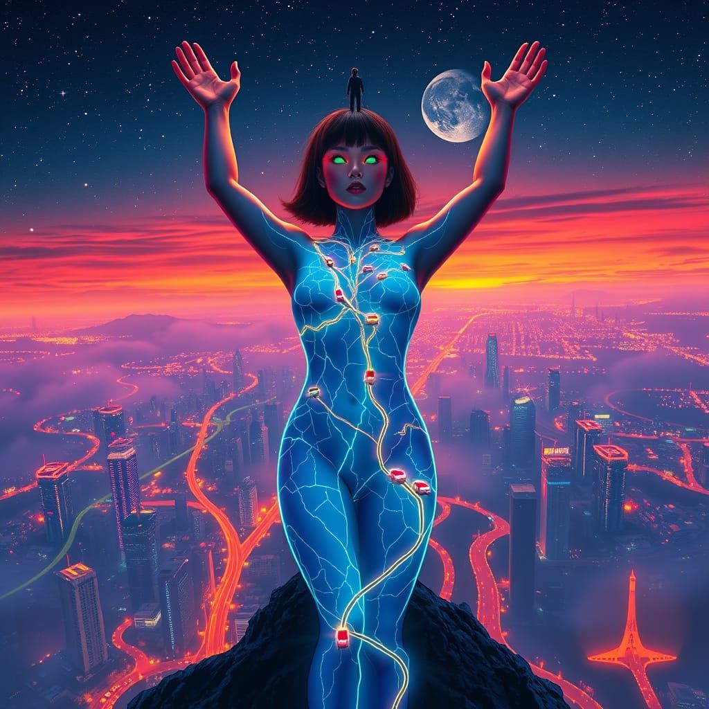 Surreal Brunette Goddess Illuminates Electric World in Cosmi...