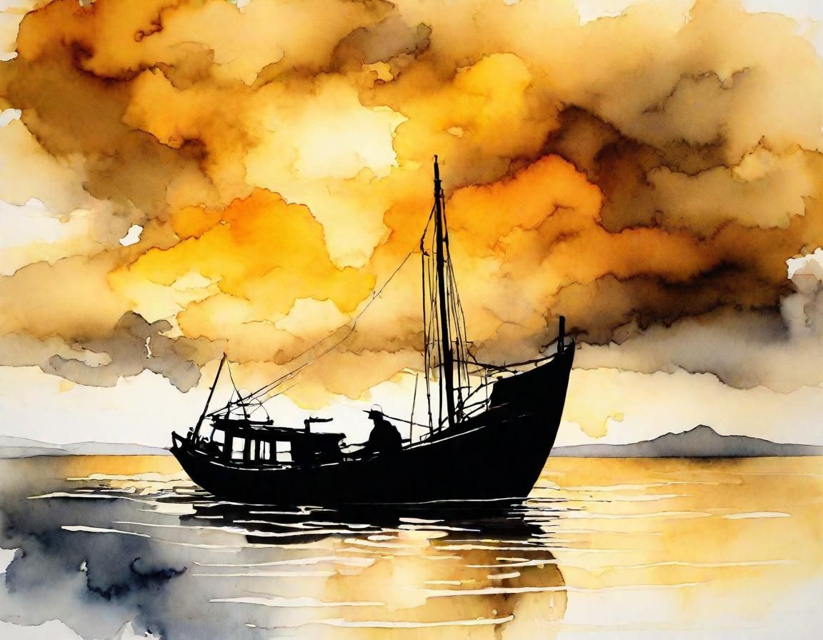 Japanese Fishing Boat Silhouette in Expressionist Style