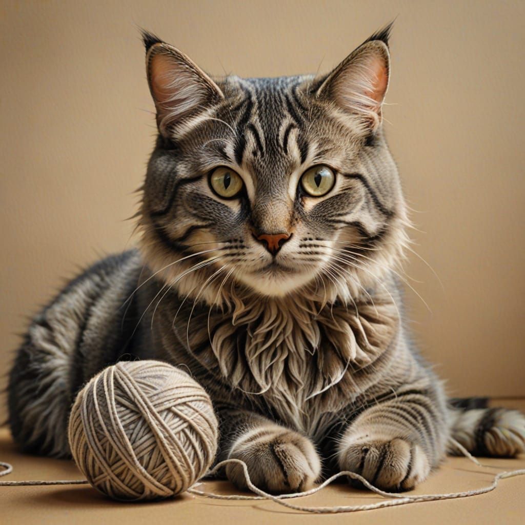 Hyperrealistic Tabby Cat Plays with Yarn