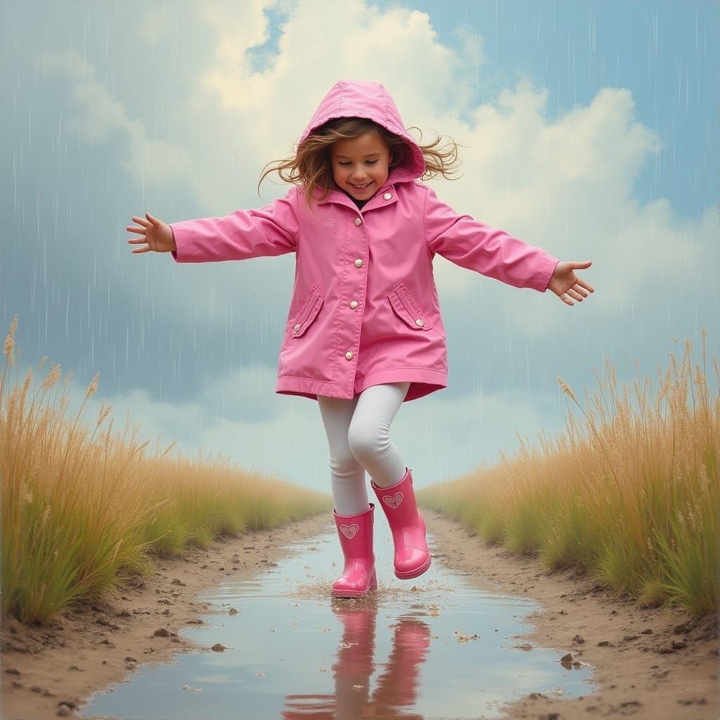 Girl's Rainy Day Joy: A Gurney-esque Painting