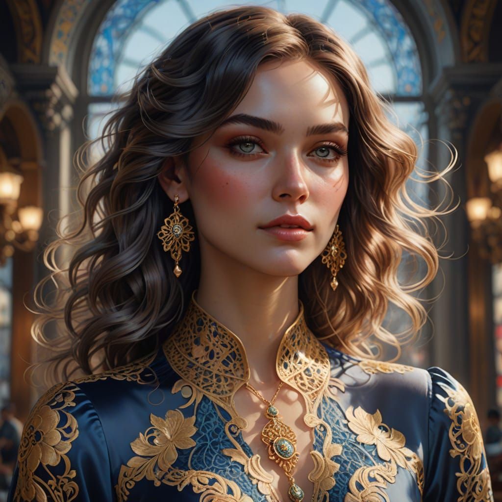 Stylized Realism Portrait of Ash-Colored Beauty in Golden Ho...