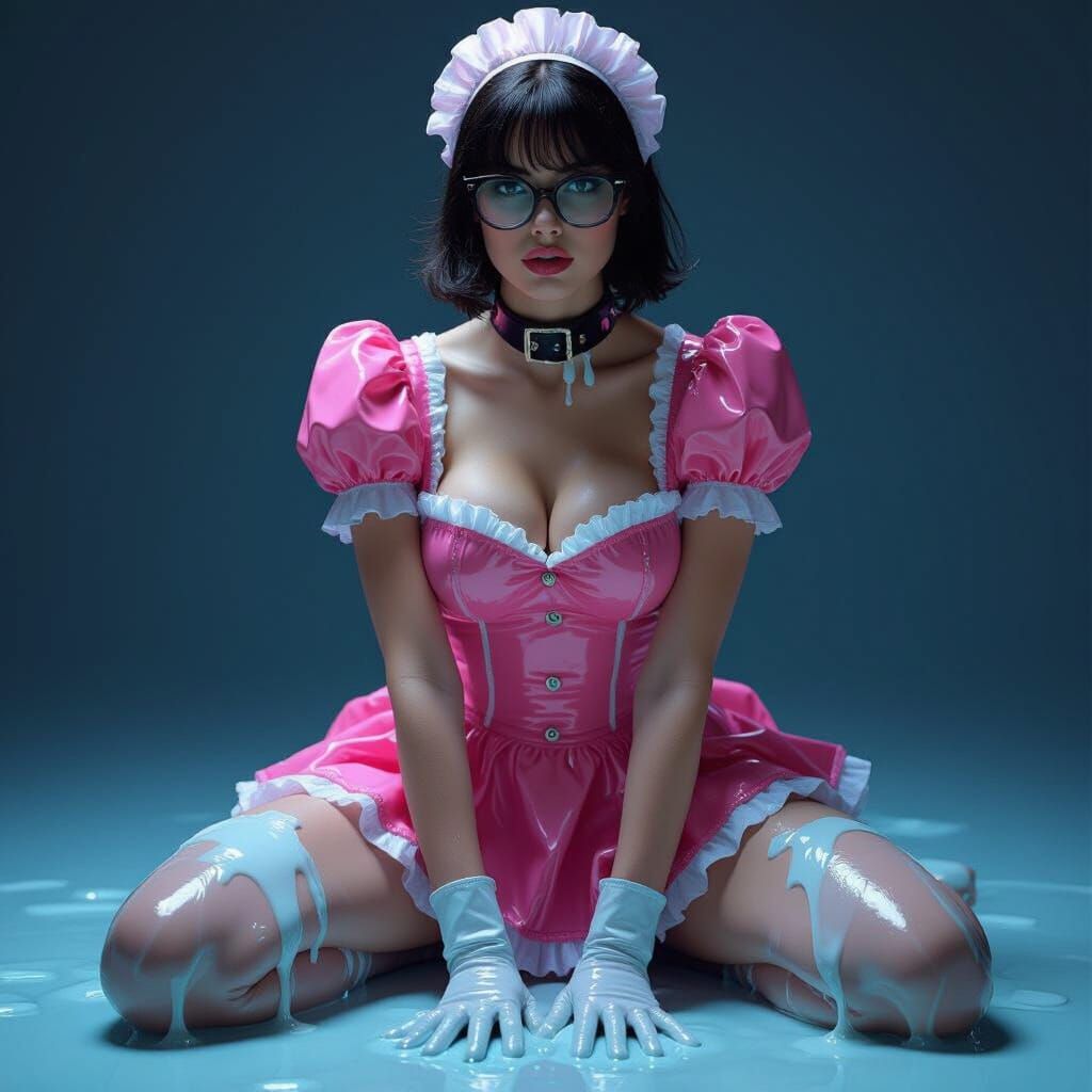 Woman in Pink PVC French Maid Outfit with Slime
