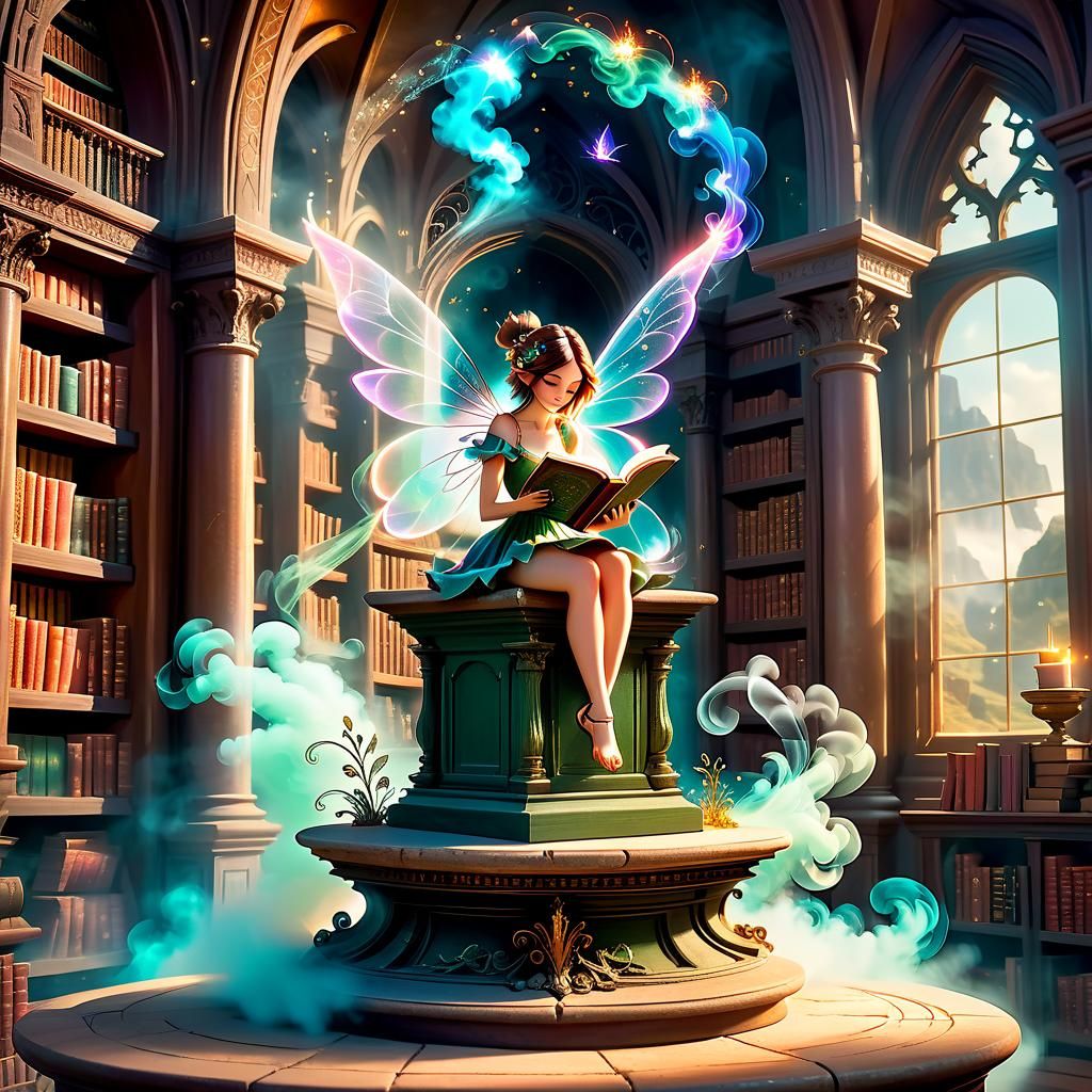 Whimsical Fairy Reading in Magical Library