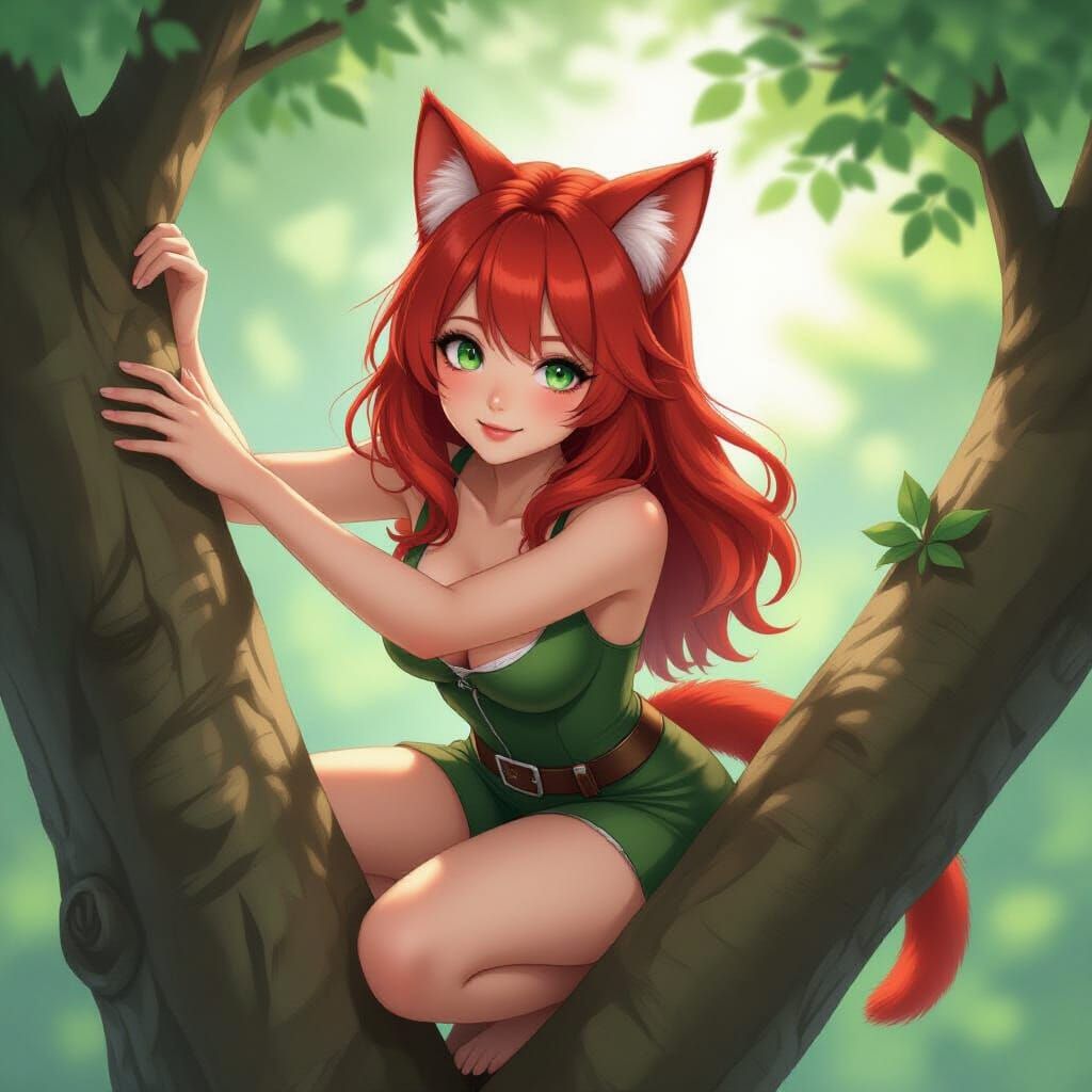 Realistic Red-Haired Woman Climbing Tree