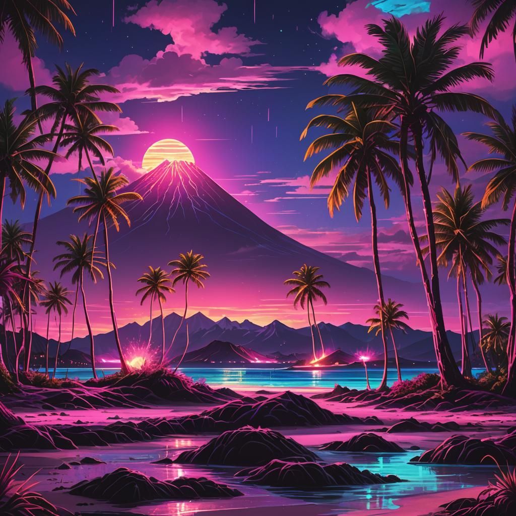 Neon Synthwave Hawaii Beach in Retro Style