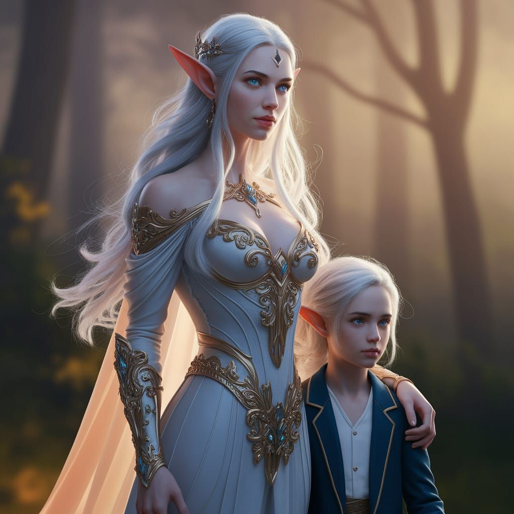 Ethereal Elven Queen Mother in Serene Forest Landscape